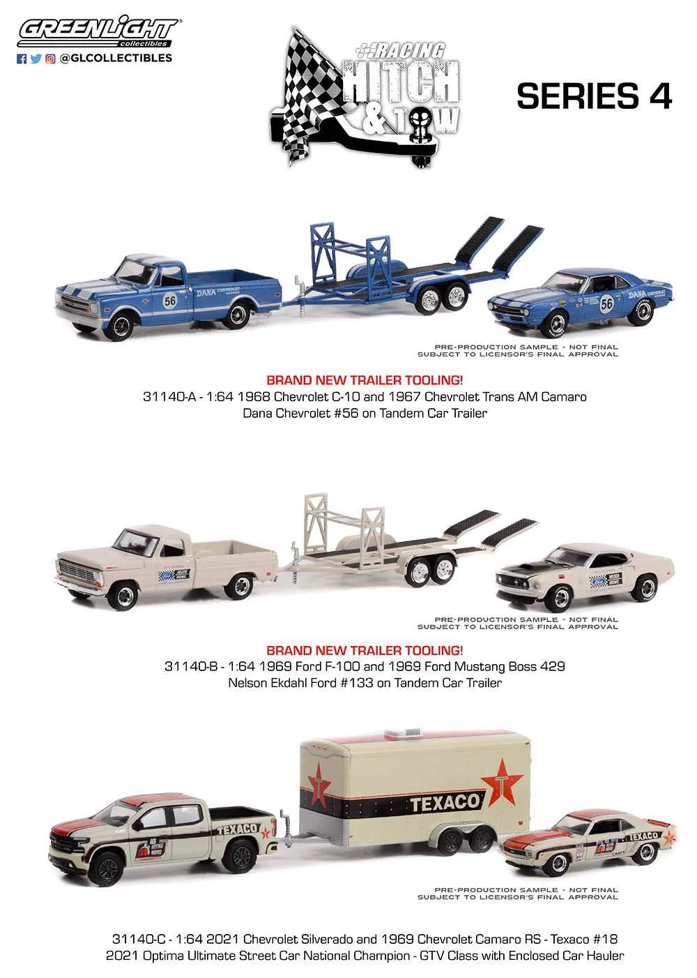 Greenlight Racing Hitch&Tow Series 4 Assortment - 1968 Chevrolet C-10 Pickup and 1967 Chevrolet Trans Am Camaro - Dana Chevrolet #56 on Tandem Car Trailer - 31140-A 1:64