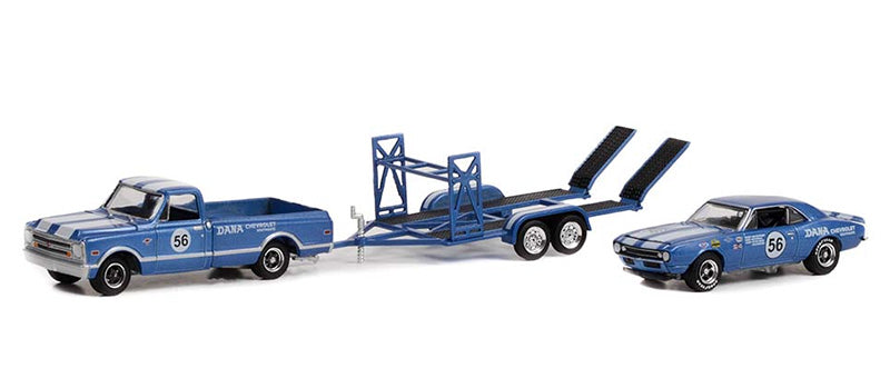 Greenlight Racing Hitch&Tow Series 4 Assortment - 1968 Chevrolet C-10 Pickup and 1967 Chevrolet Trans Am Camaro - Dana Chevrolet #56 on Tandem Car Trailer - 31140-A 1:64