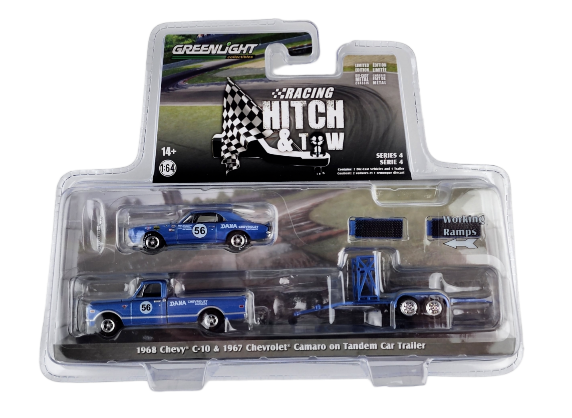 Greenlight Racing Hitch&Tow Series 4 Assortment - 1968 Chevrolet C-10 Pickup and 1967 Chevrolet Trans Am Camaro - Dana Chevrolet #56 on Tandem Car Trailer - 31140-A 1:64