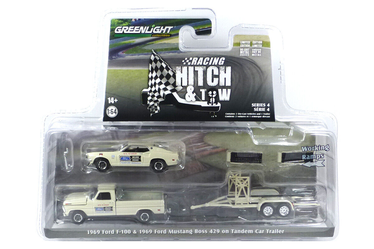Greenlight Racing Hitch&Tow Series 4 Assortment - 1969 Ford F-100 and 1969 Ford Mustang Bos 429 - Nelson Ekdahl Ford No.133 on Tandem Car Trailer - 31140-B 1:64