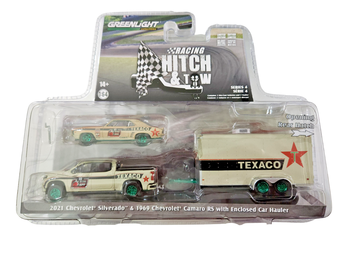 Greenlight Racing Hitch&Tow Series 4 Assortment - Texaco #18 - 2021 Optima Ultimate Street Car National Champion - 2021 Chevrolet Silverado Pickup and 1969 Chevrolet Camaro RS - 31140-C 1:64