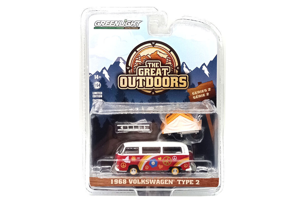 Greenlight The Great Outdoors Series 2 - 1968 Volkswagen Type 2 with Camp'otel Cartop Sleeper Tent, Peace and Love - 38030-A 1:64