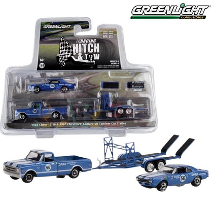 Greenlight Racing Hitch&Tow Series 4 Assortment - 1968 Chevrolet C-10 Pickup and 1967 Chevrolet Trans Am Camaro - Dana Chevrolet #56 on Tandem Car Trailer - 31140-A 1:64