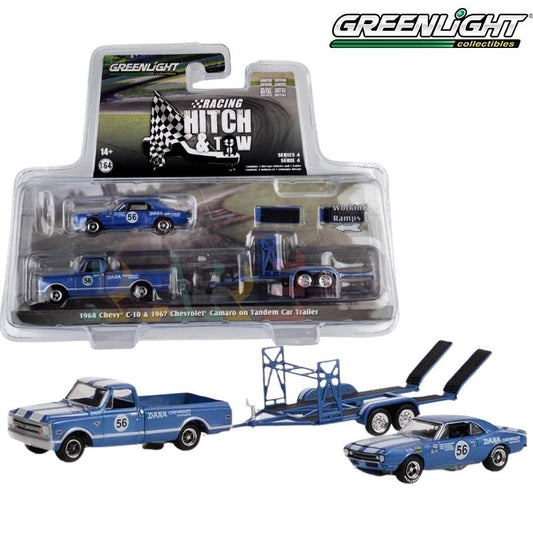 Greenlight Racing Hitch&Tow Series 4 Assortment - 1968 Chevrolet C-10 Pickup and 1967 Chevrolet Trans Am Camaro - Dana Chevrolet #56 on Tandem Car Trailer - 31140-A 1:64