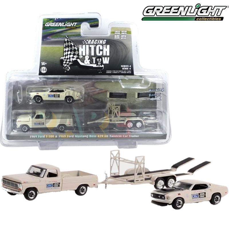 Greenlight Racing Hitch&Tow Series 4 Assortment - 1969 Ford F-100 and 1969 Ford Mustang Bos 429 - Nelson Ekdahl Ford No.133 on Tandem Car Trailer - 31140-B 1:64