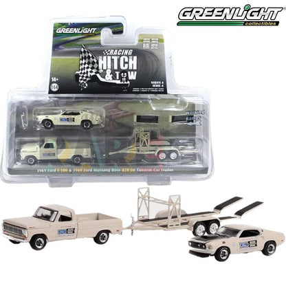 Greenlight Racing Hitch&Tow Series 4 Assortment - 1969 Ford F-100 and 1969 Ford Mustang Bos 429 - Nelson Ekdahl Ford No.133 on Tandem Car Trailer - 31140-B 1:64