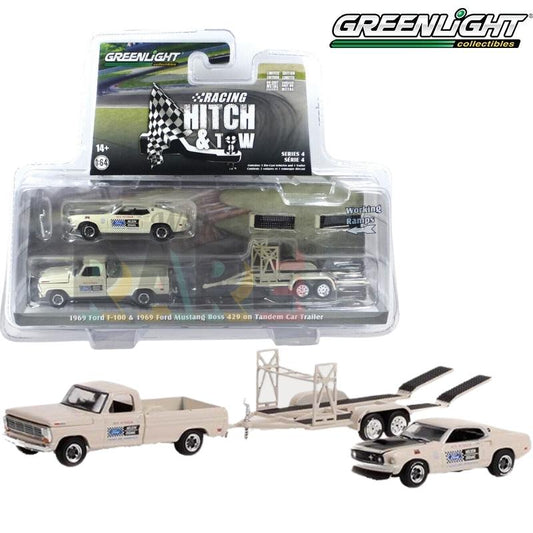 Greenlight Racing Hitch&Tow Series 4 Assortment - 1969 Ford F-100 and 1969 Ford Mustang Bos 429 - Nelson Ekdahl Ford No.133 on Tandem Car Trailer - 31140-B 1:64