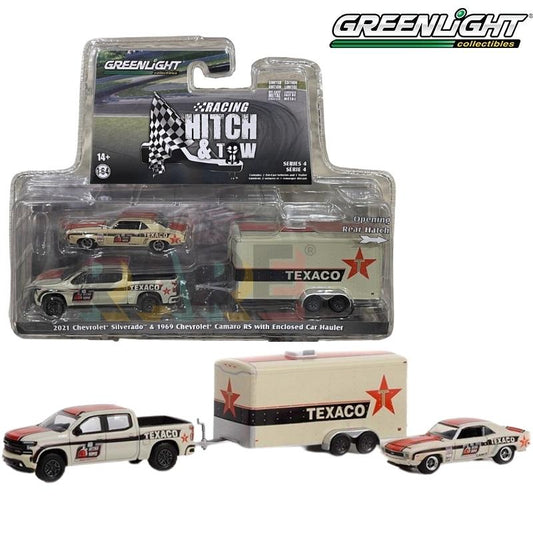 Greenlight Racing Hitch&Tow Series 4 Assortment - Texaco #18 - 2021 Optima Ultimate Street Car National Champion - 2021 Chevrolet Silverado Pickup and 1969 Chevrolet Camaro RS - 31140-C 1:64