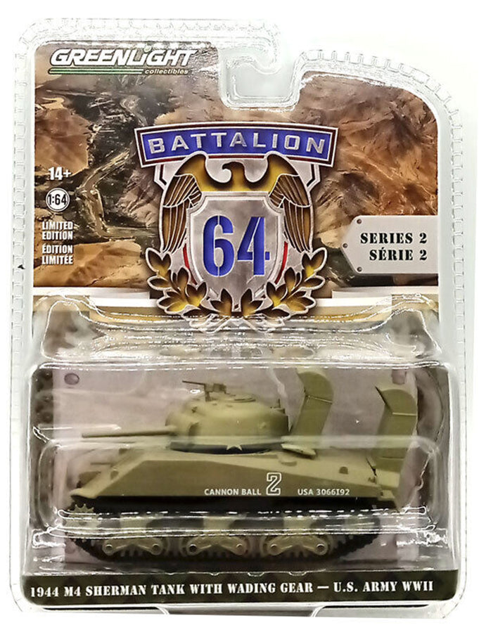 Greenlight Battalion 64 Series 2 - U.S. Army World War II - 1944 M4 Sherman Tank with Wading Gear - 61020-B 1:64