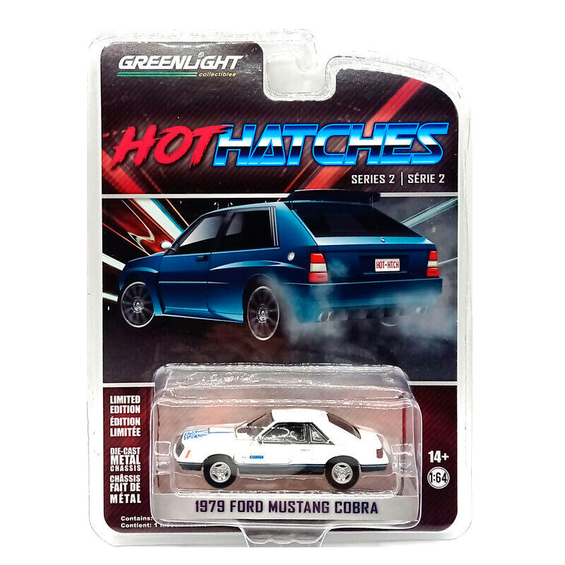Greenlight Hot Hatches Series 2 - 1979 Ford Mustang Cobra in White and Medium Blue Glow - 63020-C 1:64